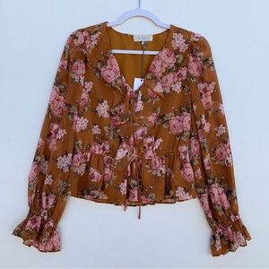 WAYF Floral Long Sleeve V Neck Ruffle Top | Blouse Women’s Size S Rust | Roses